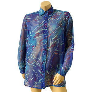 Bon Worth Sheer Retro Print Tunic Button Up Top Size XS